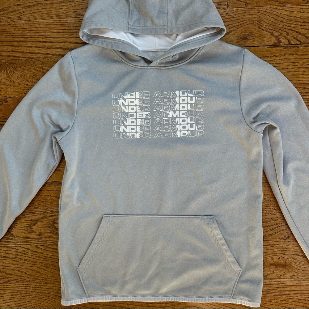 Under Armour Kids Hoodie Sweatshirt  L Gray with light gray logo and hem piping